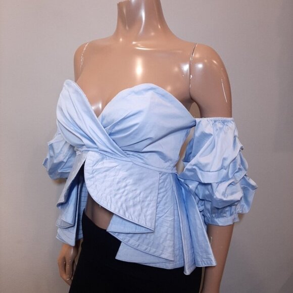 Style Mafia Cliona Top Strapless Off Shoulder Bardot Puff Sleeve Peplum Shirt - Picture 7 of 16